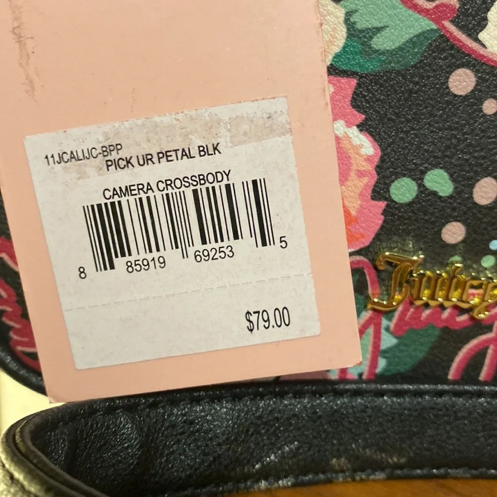 NWT Juicy Couture black with pink floral pattern crossbody purse - Picture 3 of 10
